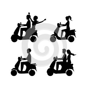 Cartoon Silhouette Black Characters Group of People Riding Motorcycle Set. Vector