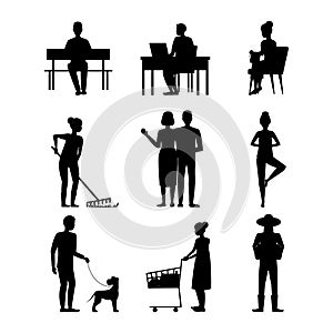 Cartoon Silhouette Black Characters Modern Aged People Set. Vector