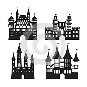Cartoon Silhouette Black Medieval Old Castles Icon Set. Vector