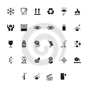 Cartoon Silhouette Black Packaging Symbols Icons Set. Vector