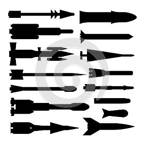 Cartoon Silhouette Black Rocket Weapon Icon Set Different Type. Vector