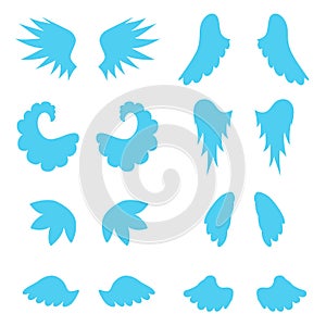 Cartoon Silhouette Blue Angel Wings Set. Vector