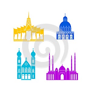 Cartoon Silhouette Color Churches and Temples Icon Set. Vector