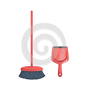 Cartoon simple gradient cleaning set objects. Modern red broom and plastic dustpan. Cleaning service vector icon illustration.