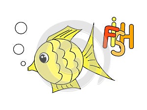 Cartoon simple yellow fish swimming in water. Flat vector icon.