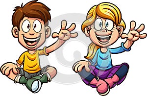 Cartoon sitting and waving kids