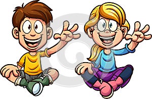 Cartoon sitting and waving kids photo