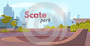 Cartoon skate park over city landscape ad poster