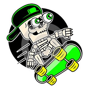 Cartoon skeleton with scarf riding skateboard, skidding skateboarding