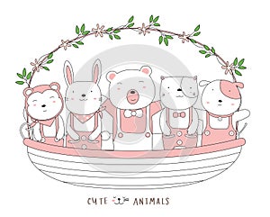 Cartoon sketch the cute baby animal with a flower basket. Hand-drawn style