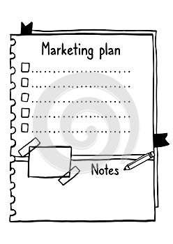 Cartoon sketch illustration of marketing plan template. Hand drawn plan in notebook with notes in doodle style