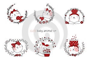 Cartoon sketch the lovely cat baby animals with flower. Valentines day with Hand drawn style