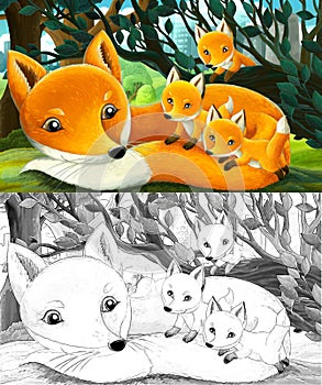 Cartoon sketch scene animals family of foxes illustration