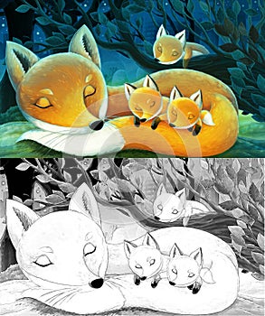 Cartoon sketch scene animals foxes in forest sleeping