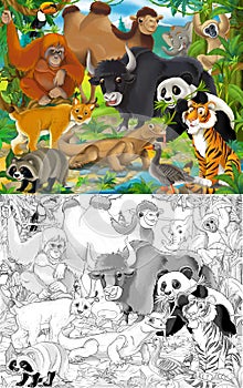 Cartoon sketch scene with different animals like in zoo - illustration