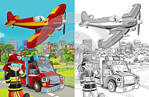 Cartoon sketch scene with fire brigade car vehicle on the road