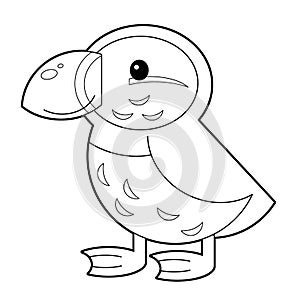 Cartoon sketch scene with flying bird puffin isolated on white background illustration