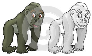 Cartoon sketch scene with gorilla ape on white background - illustration