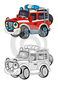 Cartoon sketch scene with off road fireman car - illustration