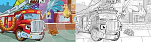 Cartoon sketch scene red firetruck - duty - illustration