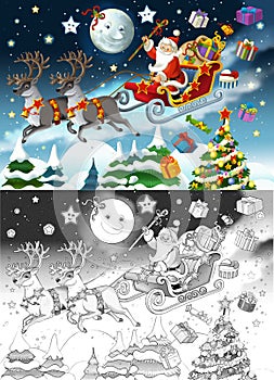 Cartoon sketch scene with santa flying with reindeers - illustration