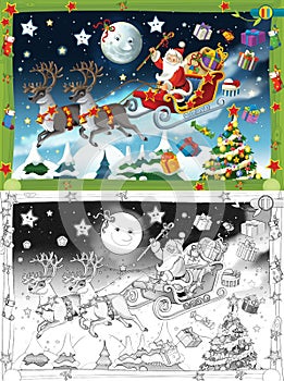 Cartoon sketch scene with santa flying with reindeers - illustration