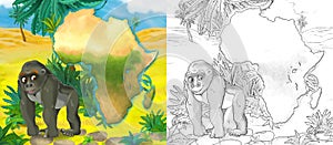 Cartoon sketch scene with wild animal by oasis ape monkey gorilla - illustration