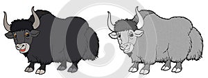 Cartoon sketch scene with yak buffalo on white background - illustration