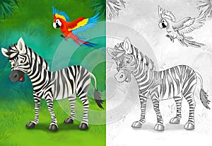 Cartoon sketch scene with zebra in the forest - illustration