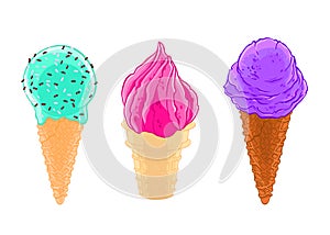 Cartoon sketch set of three ice cream cones with glaze, grit and waffle.