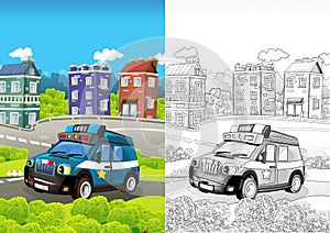 Cartoon sketch stage with police vehicle smiling truck colorful