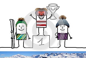 Cartoon Ski Champion Boy on Podium with Cup