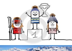 Cartoon Ski Champion Girl on Podium with Cup
