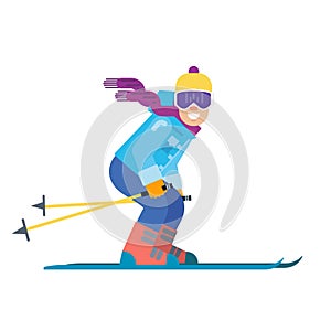 Cartoon skier isolated. Skiing sportsman character in ski suit vector illustration. Smiling man on skis.