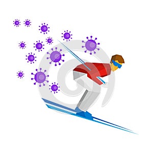 Cartoon skier running, lot of viruses are chasing him. Athlete runs on skis. Winter sports - Skiing.