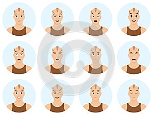 Cartoon skinhead with different emotions and facial expression. Happy, sad, cry, surprised, tired, in love, kiss, laugh, angry, di