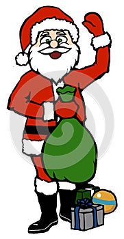 cartoon skinny santa claus waving with green bag