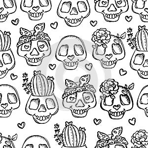 CARTOON SKULLS WITH FLOWERS Monochrome Halloween Pattern