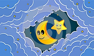 Beautiful happy, smiling moon, stars and clouds digital art background. Paper art style