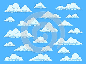 Cartoon sky clouds. Cloudscape in blue sky panorama, different shapes of white clouds, isolated vector set for cute baby