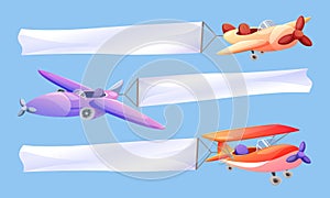 Cartoon sky plane banner with ribbon for message