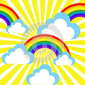 Cartoon sky with rainbows and clouds