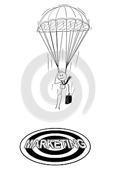 Cartoon of Skydiver Businessman With Parachute Landing at Marketing Target
