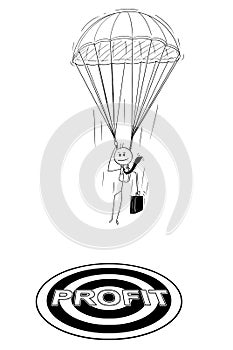 Cartoon of Skydiver Businessman With Parachute Landing at Profit Target