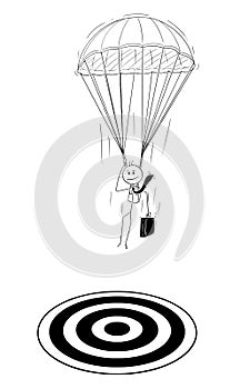 Cartoon of Skydiver Businessman With Parachute Landing at Target