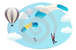 Cartoon skydivers and flying balloons vector background web page