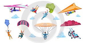 Cartoon skydivers. Paraglider skydivers, flat falling characters with parachutes, extreme adrenaline sport. Vector sky