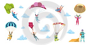 Cartoon skydivers. Sky jump with parachute and paraglider, extreme danger skydive falling. Vector adrenaline parachuting