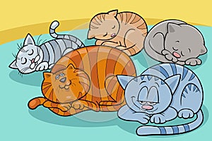 Cartoon sleeping cats and kittens animal characters group