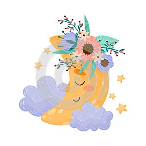 Cartoon Sleeping Crescent with Flower Wreath Vector Illustration